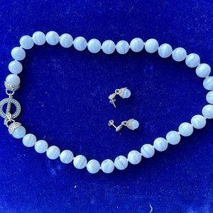 Vintage Blue Lace Agate Gemstone Necklace and Earrings